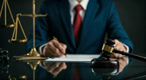 a lawyer in court holding a pen with scales of justice in the background