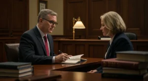 a man and a woman engaged in conversation in a courtroom setting