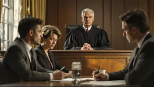 a judge at a table with three people engaged in a legal discussion or proceeding